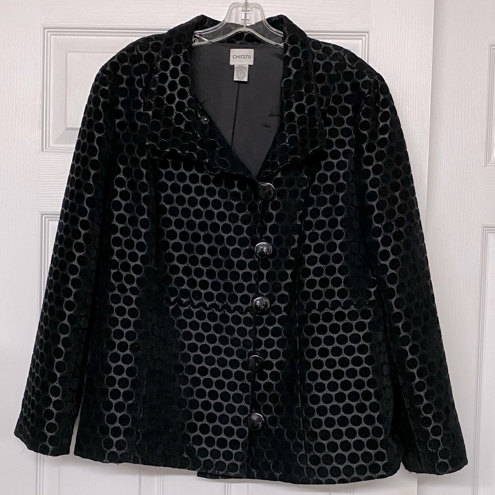 Chico's Black Polka Dot Jacket Coat Large Buttons Size 16
